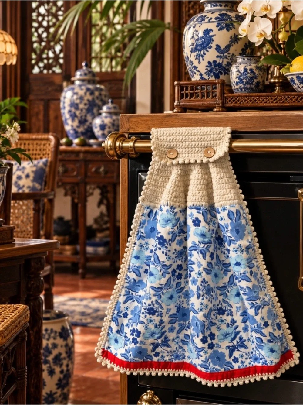 Pioneer Woman Handmade Crochet Hanging Kitchen Towel Blue Floral
